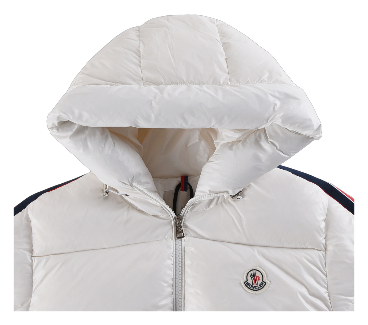 Moncler Tricolour Sleeve-Stripe Hooded Puffer – White | Premium Down