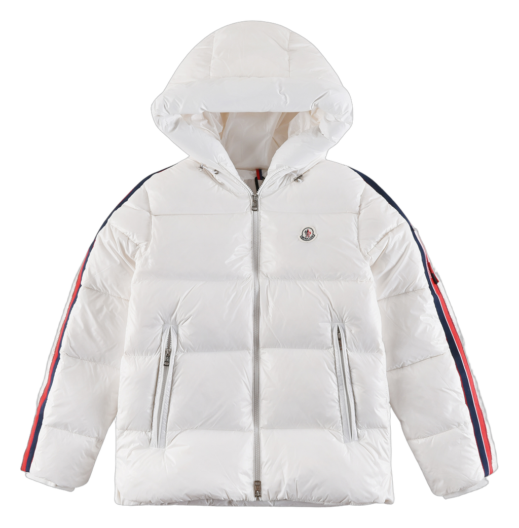Moncler Tricolour Sleeve-Stripe Hooded Puffer – White | Premium Down