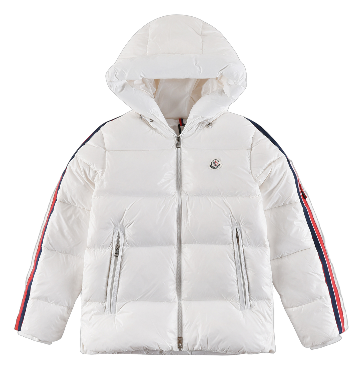 Moncler Tricolour Sleeve-Stripe Hooded Puffer – White | Premium Down