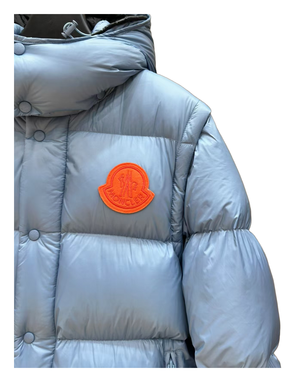 Moncler Orange-Badge Hooded Puffer – Ice Blue | Premium Down