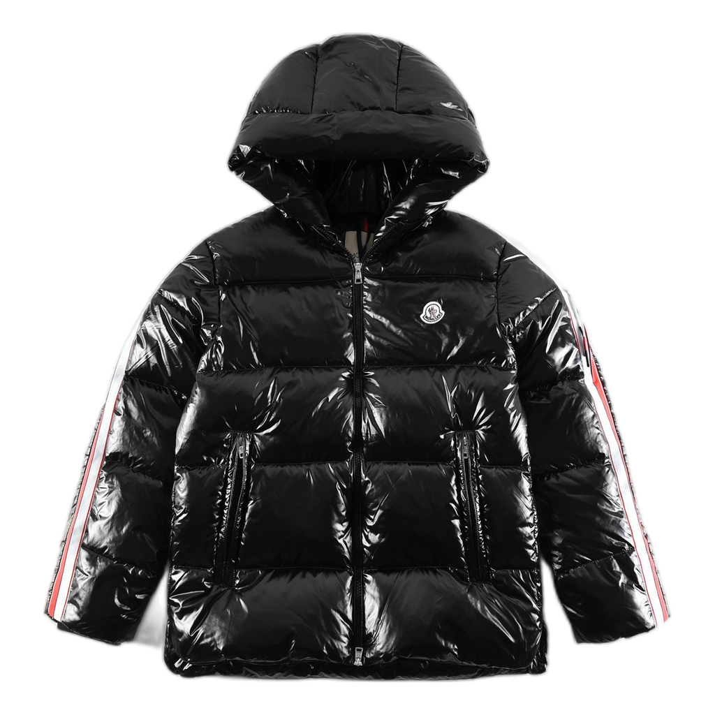 Moncler Tricolour Sleeve-Stripe Glossy Hooded Puffer – High-Sheen Shell