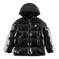 Moncler Tricolour Sleeve-Stripe Glossy Hooded Puffer – High-Sheen Shell