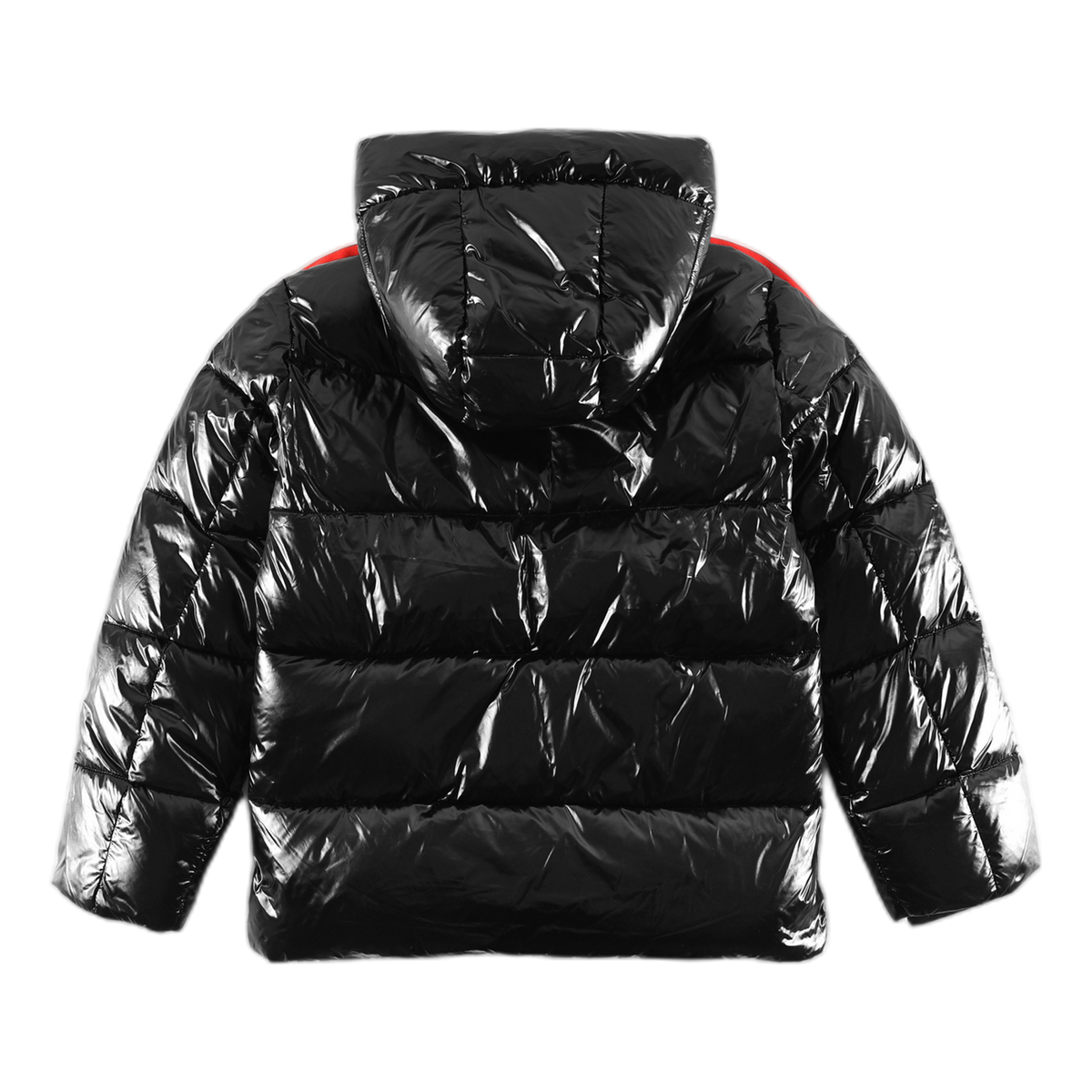 Moncler Tricolour Sleeve-Stripe Glossy Hooded Puffer – High-Sheen Shell