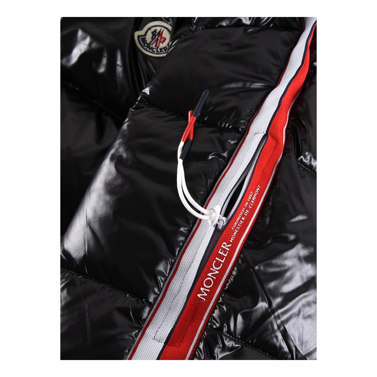 Moncler Tricolour Sleeve-Stripe Glossy Hooded Puffer – High-Sheen Shell