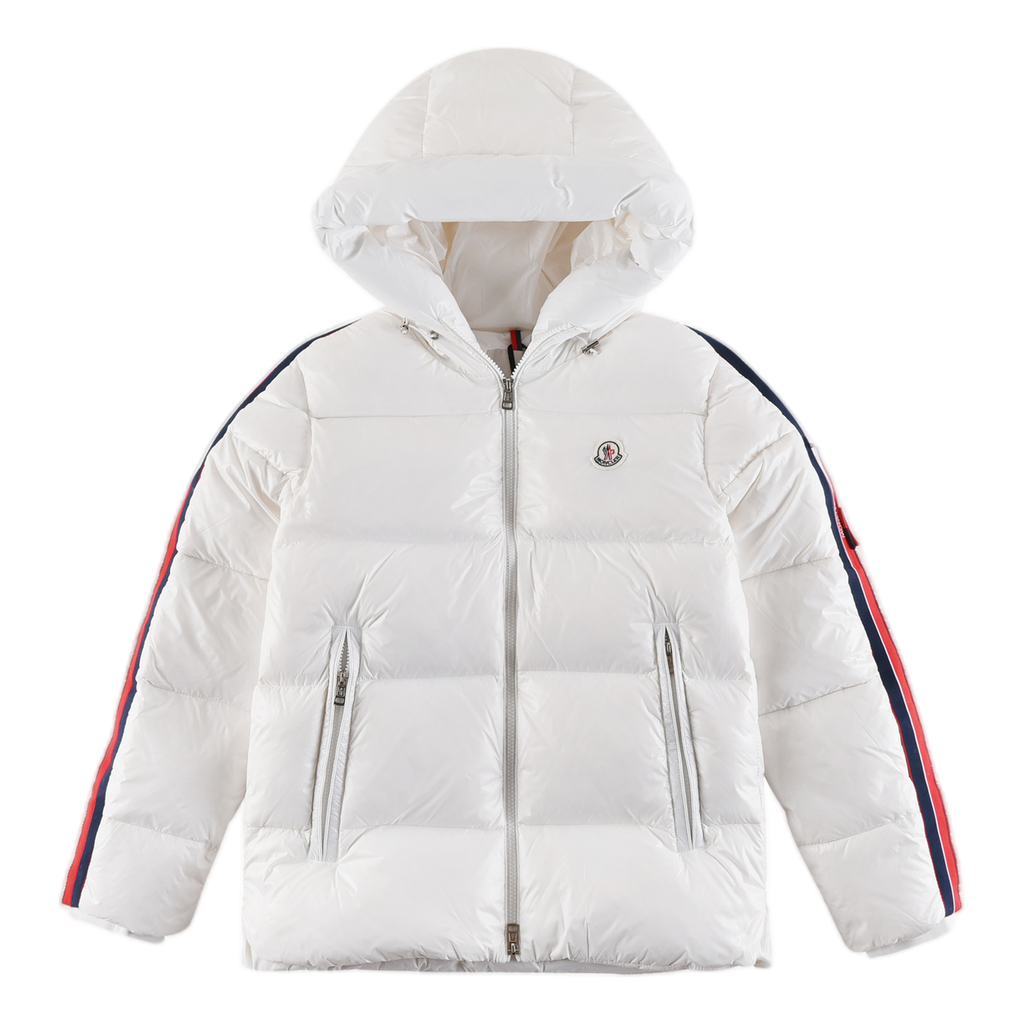 Moncler Tricolour Sleeve-Stripe Glossy Hooded Puffer – Premium Down