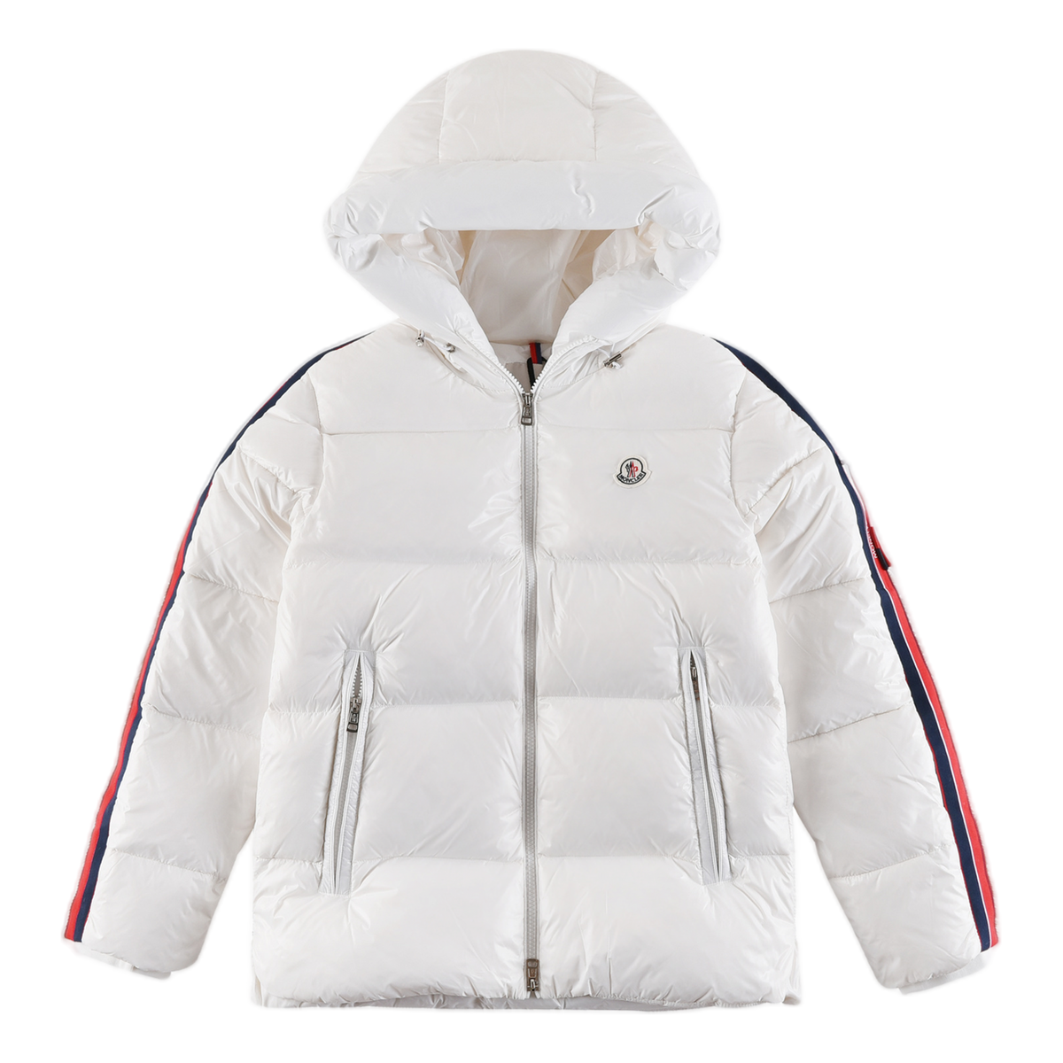 Moncler Tricolour Sleeve-Stripe Glossy Hooded Puffer – Premium Down