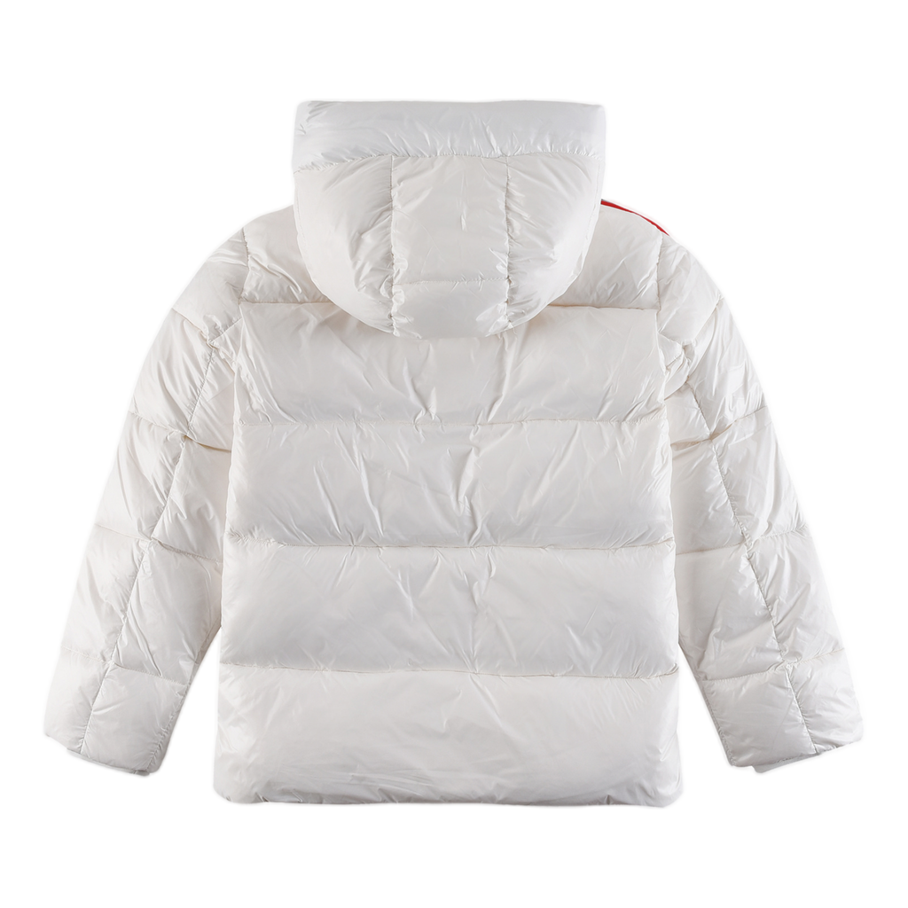 Moncler Tricolour Sleeve-Stripe Glossy Hooded Puffer – Premium Down