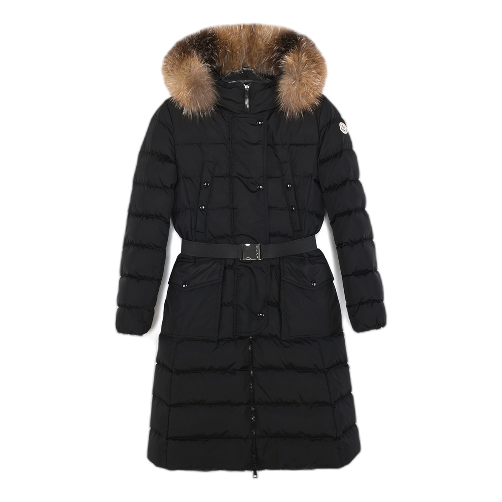Moncler Khloe Belted Fur-Trim Hooded Long Coat – Black | Premium Down