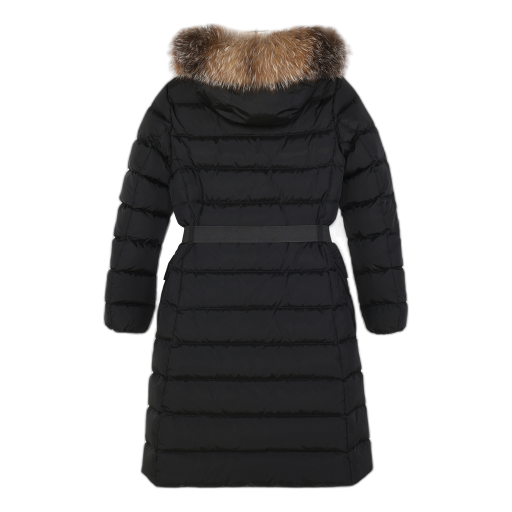 Moncler Khloe Belted Fur-Trim Hooded Long Coat – Black | Premium Down