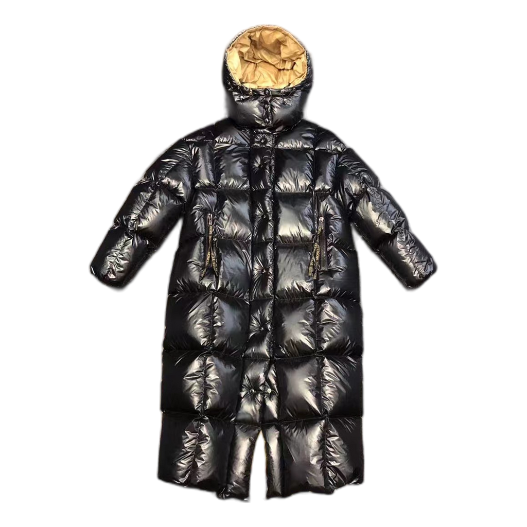 Moncler Gold-Lined Glossy Long Puffer Coat – Black | Gold Interior
