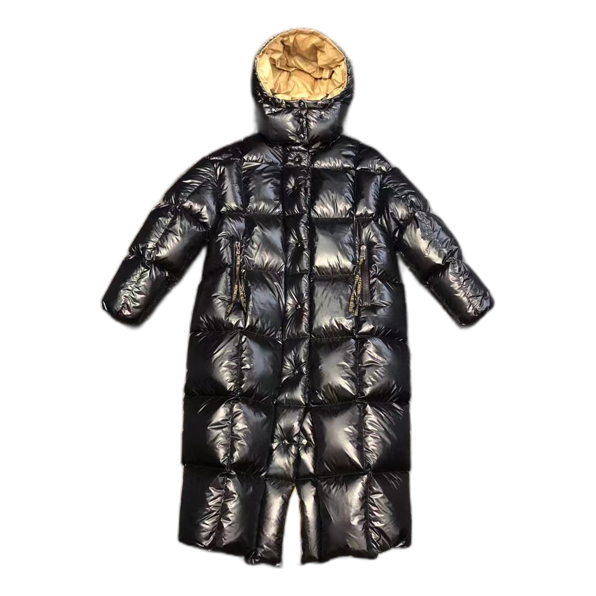 Moncler Gold-Lined Glossy Long Puffer Coat – Black | Gold Interior