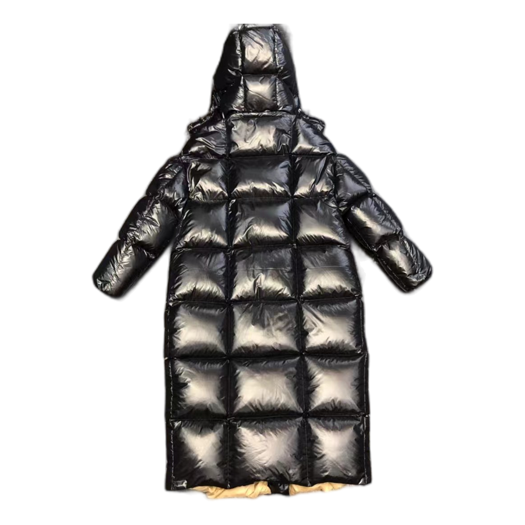 Moncler Gold-Lined Glossy Long Puffer Coat – Black | Gold Interior