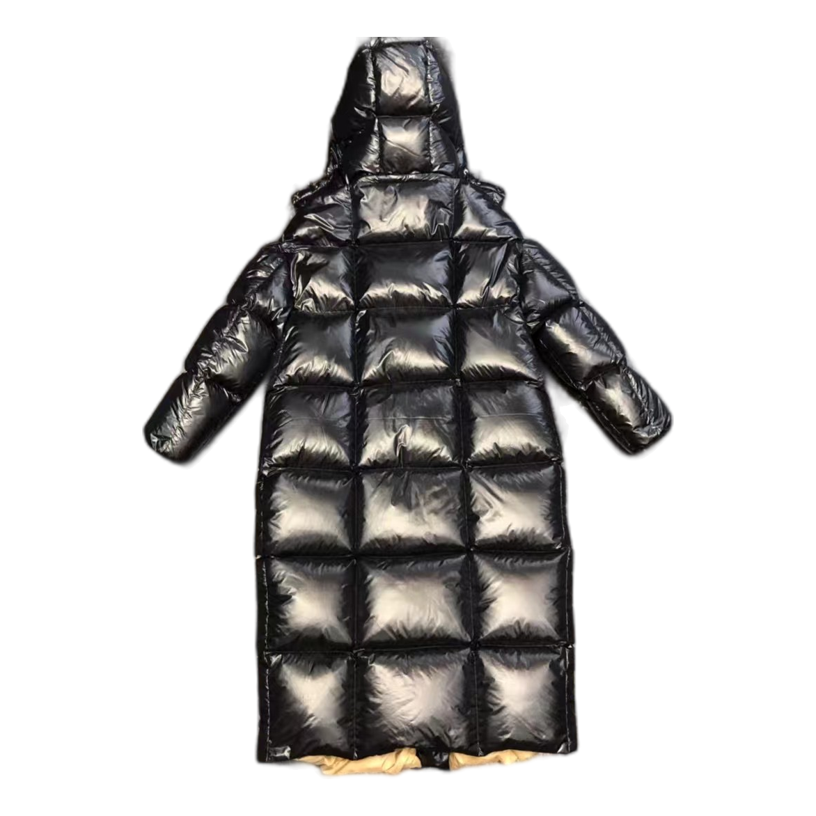 Moncler Gold-Lined Glossy Long Puffer Coat – Black | Gold Interior