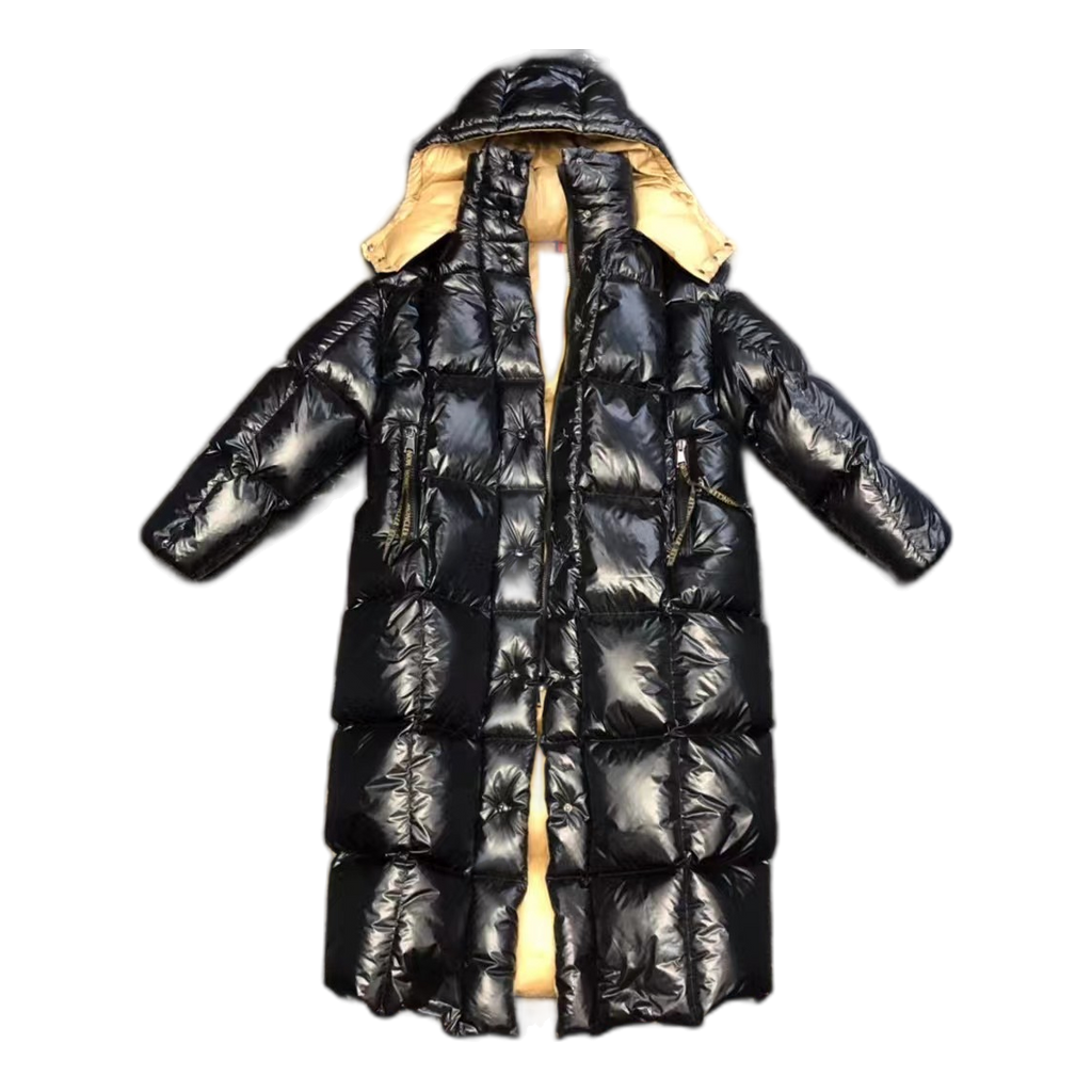 Moncler Gold-Lined Glossy Long Puffer Coat – Black | Gold Interior