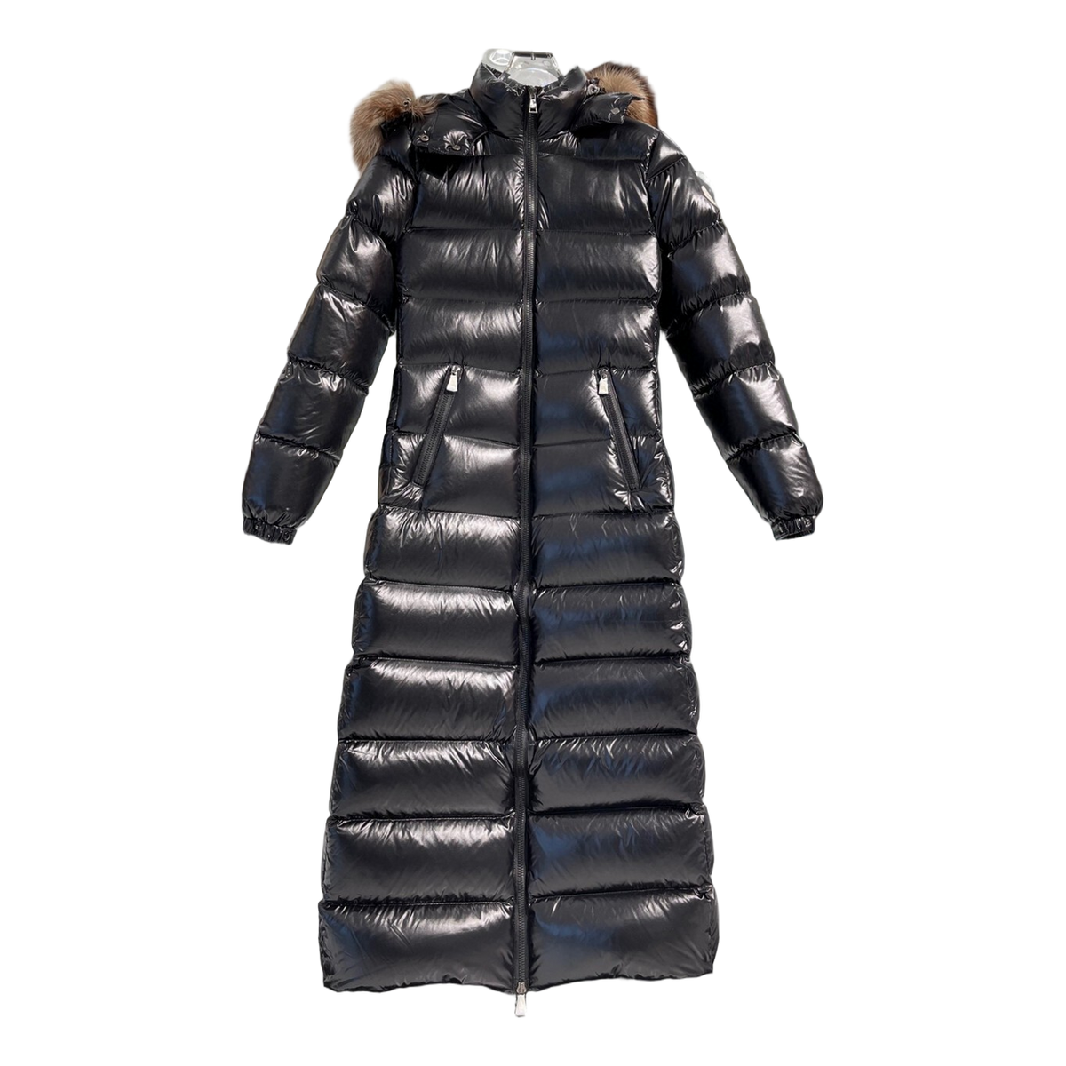 Moncler Glossy Fur-Trim Hooded Long Puffer Coat – Premium Down | Glossy & Fur