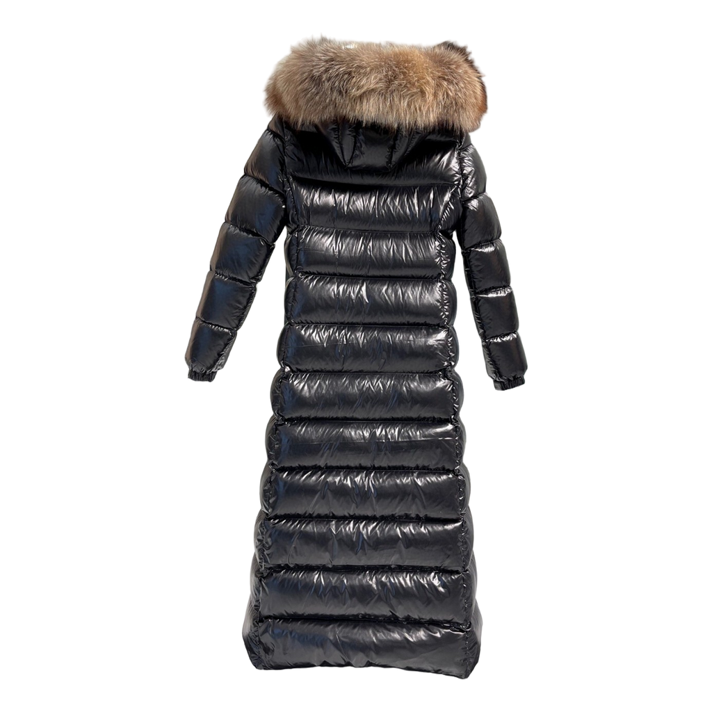 Moncler Glossy Fur-Trim Hooded Long Puffer Coat – Premium Down | Glossy & Fur