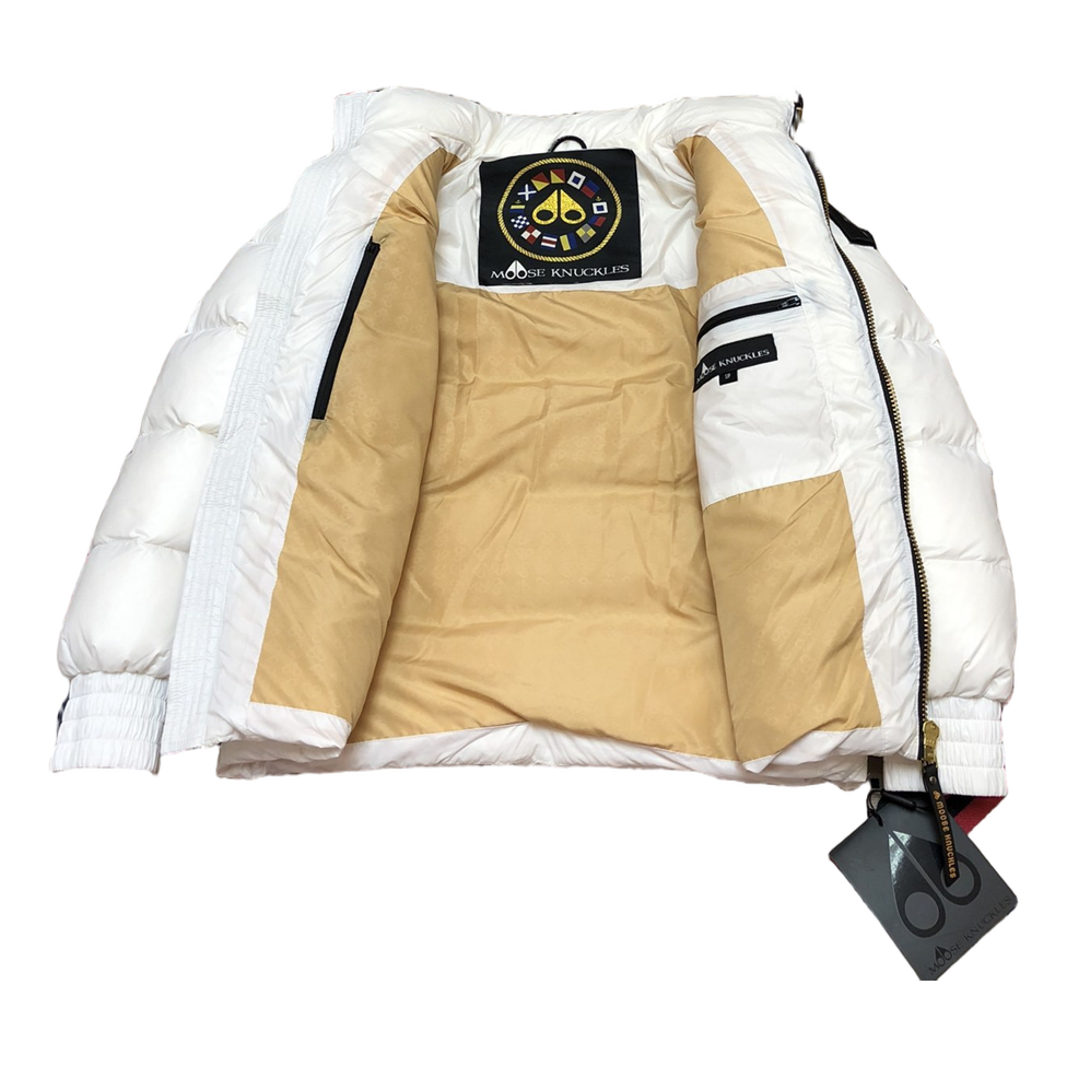 Moose Knuckles Logo-Zip Quilted Puffer Bomber – Off White | Canadian Down
