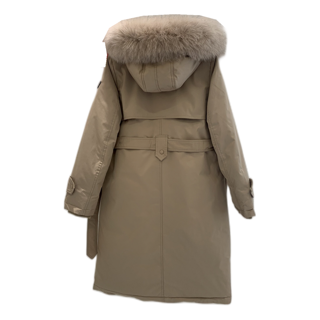 Prada Belted Fur-Trim Hooded Coat – Beige
