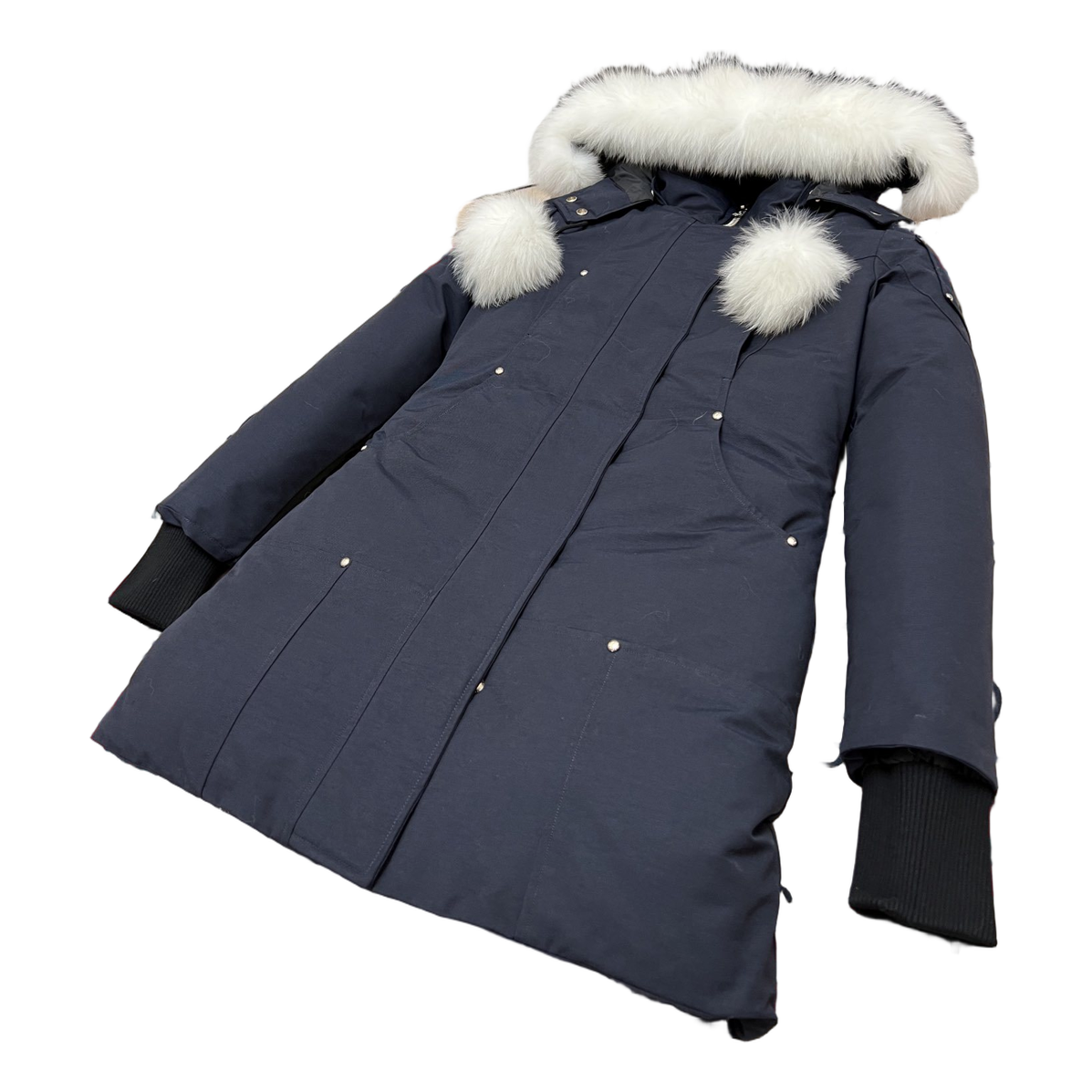 Moose Knuckles Stirling Parka – Pom-Pom & Fur Trim | Navy
