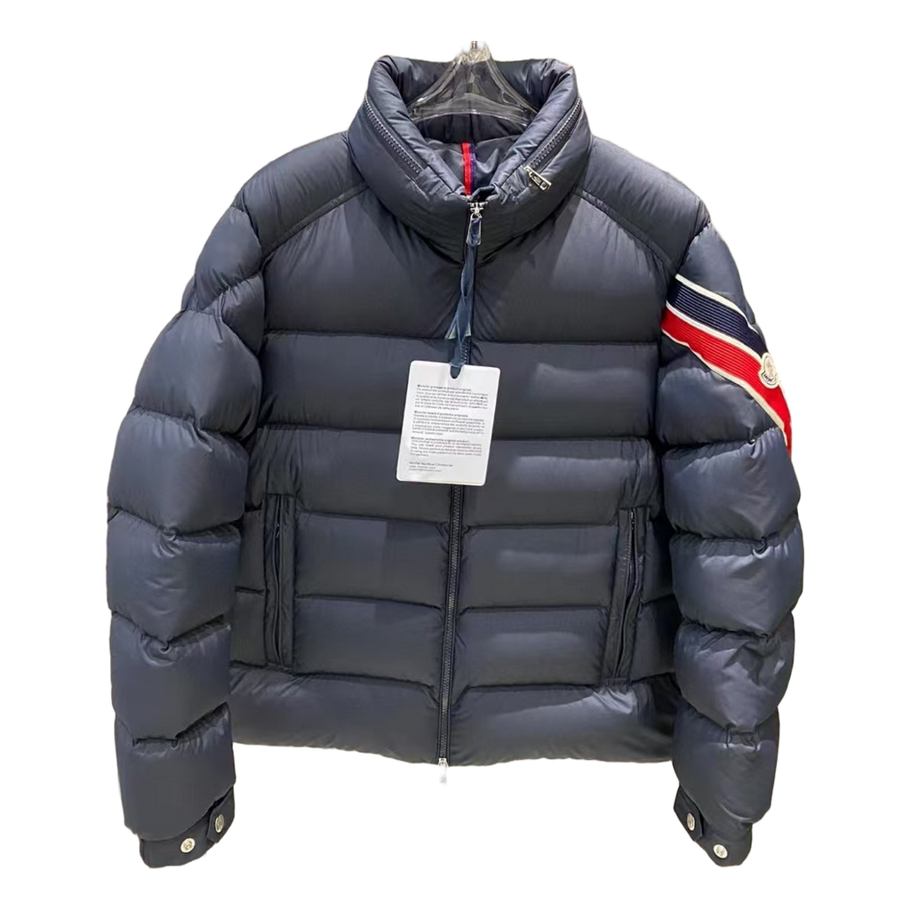 Moncler Tricolour Sleeve-Band Stand-Collar Puffer – Navy | Premium Down