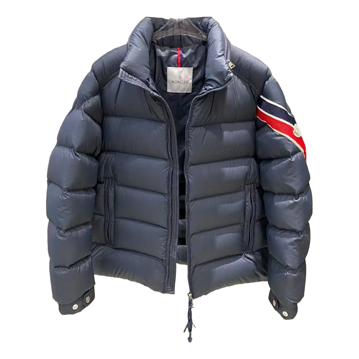 Moncler Tricolour Sleeve-Band Stand-Collar Puffer – Navy | Premium Down
