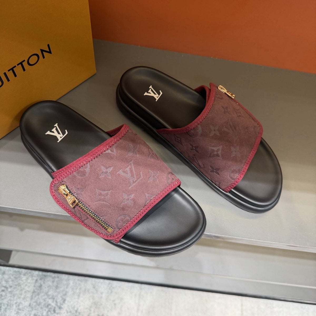 Louis Vuitton Burgundy Patterned Slide Sandals