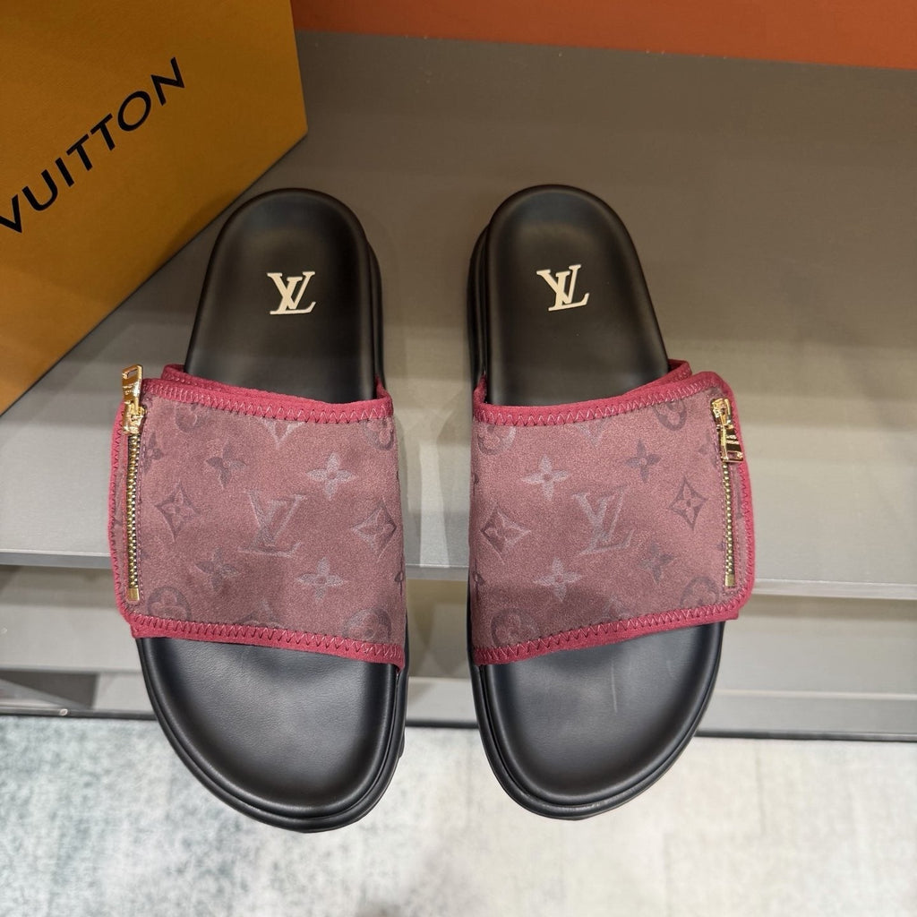 Louis Vuitton Burgundy Patterned Slide Sandals