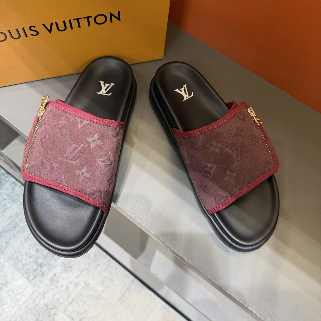 Louis Vuitton Burgundy Patterned Slide Sandals