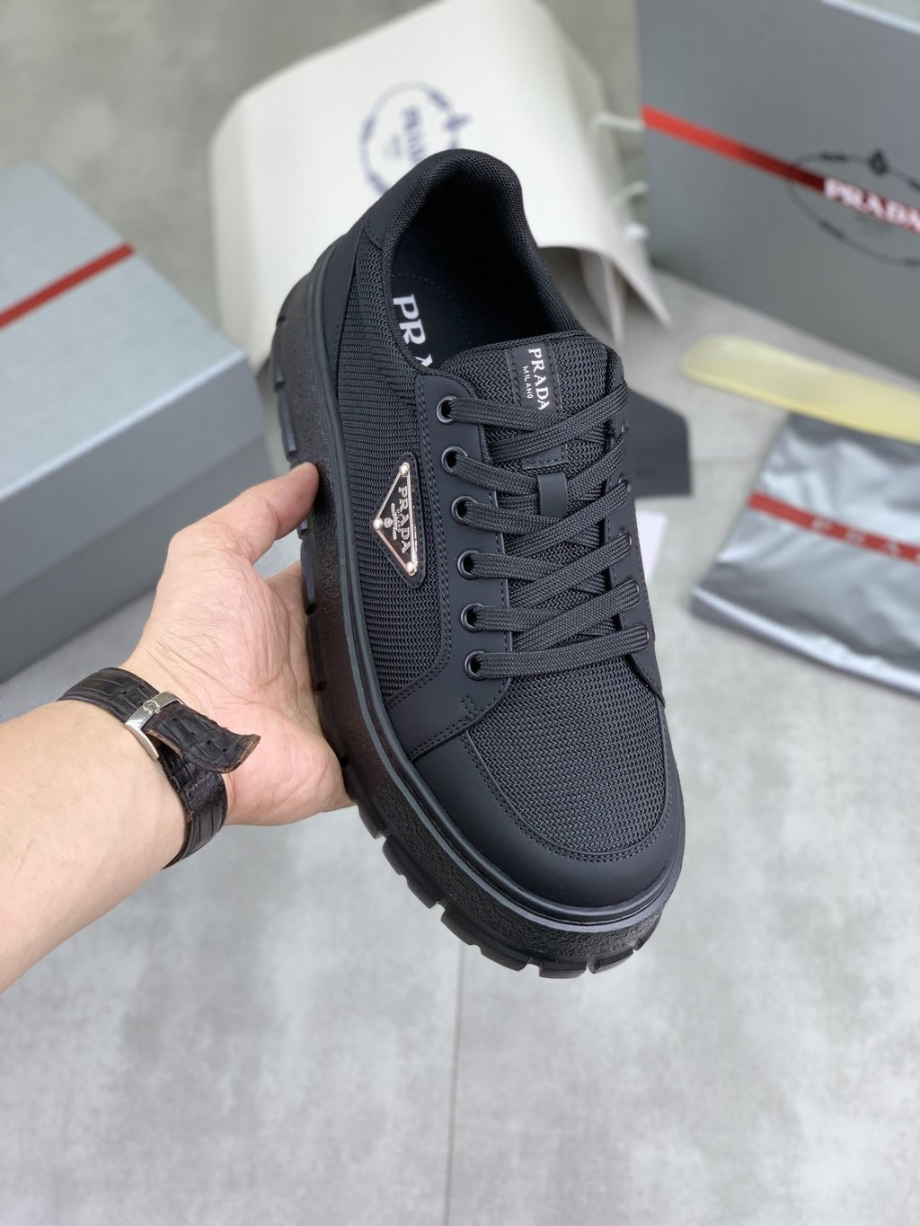 Prada Paneled Lug-Sole Sneakers