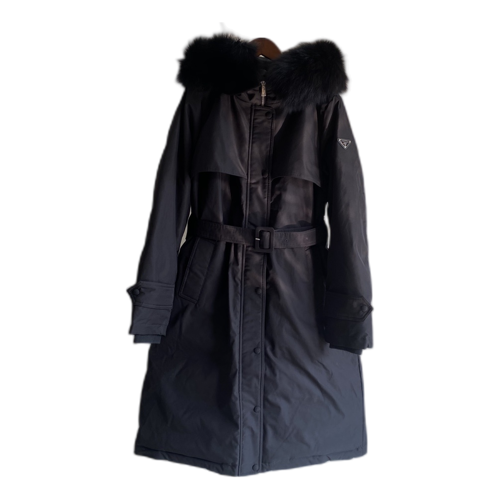 Prada Belted Fur-Trim Hooded Coat – Black